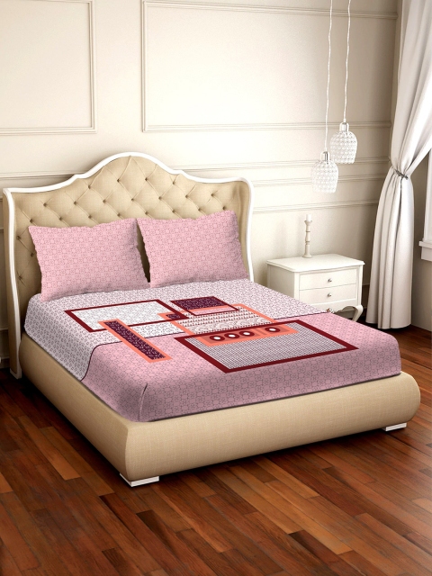 BELLA CASA Pink & Maroon Geometric 300 TC Cotton 1 King Bedsheet with 2 Pillow Covers