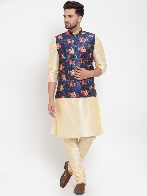 GRACIT Men Cream & Navy Blue Solid Kurta with Pyjamas & Nehru Jacket