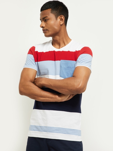 max Men White Blue Striped Round Neck Pure Cotton T-shirt