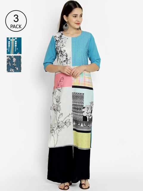 7Threads Pack Of 3 Digital Printed Crepe Kurtas, Multi