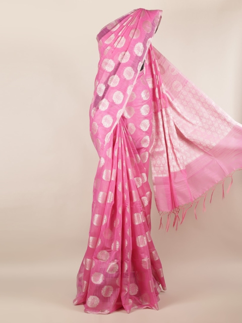 Pothys Pink & Silver-Toned Cotton Blend Woven Design Saree