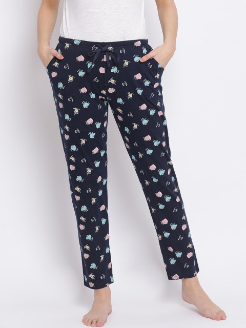 Kanvin Women Navy Blue & Pink Printed Lounge Pants