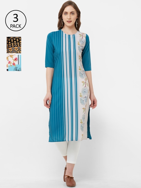 7Threads Pack Of 3 Striped Crepe Kurta, Blue