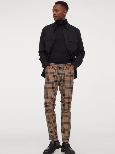 H&M Men Beige & Black Checked Skinny Fit Twill Trousers