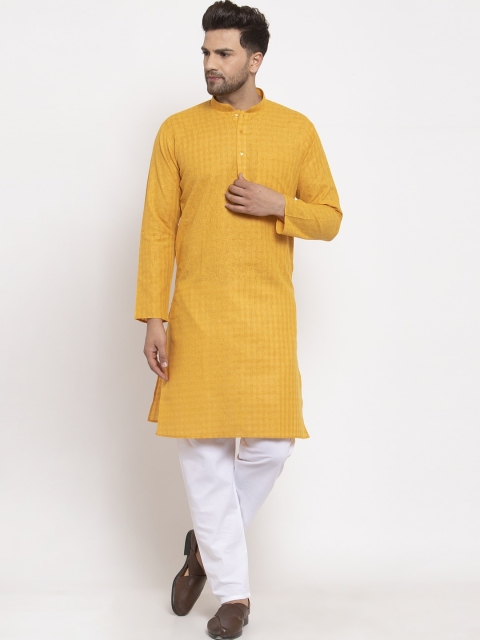 GRACIT Men Mustard & White Woven Design Kurta with Pyjamas