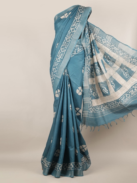 Pothys Teal Blue & Off-White Linen Printed Saree