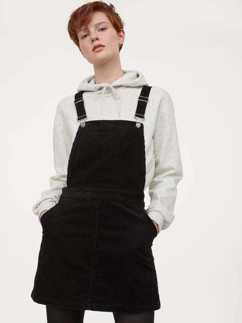 H&M Women Black Corduroy Dungaree Dress
