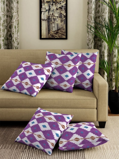NEUDIS White & Purple Set of 5 Geometric Square Cushion Covers