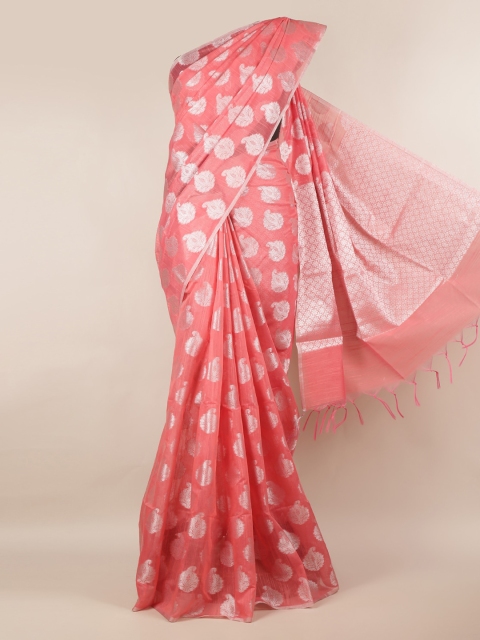 Pothys Peach-Coloured & Silver-Toned Cotton Blend Woven Design Saree