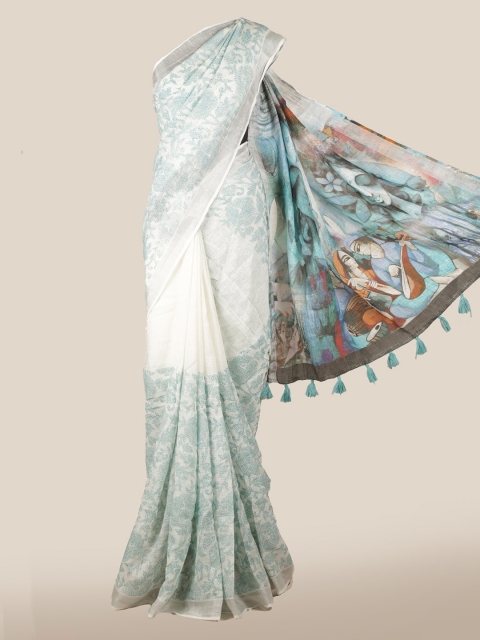 Pothys Off-White & Blue Linen Blend Printed Saree