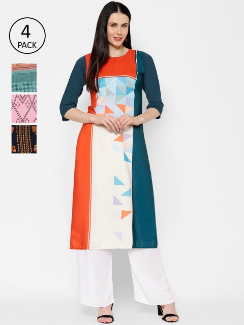 7Threads Pack Of 4 Printed Crepe Round Neck Regular Sleeves Kurtas, Navy blue