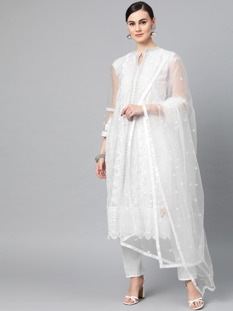 Ishin Women White Embroidered Kurta with Trousers & Dupatta