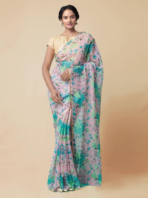 Unnati Silks Pink Pure Chiffon Printed Patola Saree