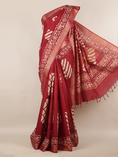 Pothys Maroon Printed Linen Blend Saree