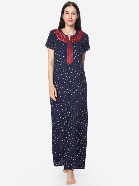 Sand Dune Printed Alpine A-line Nightrdress, Navy blue