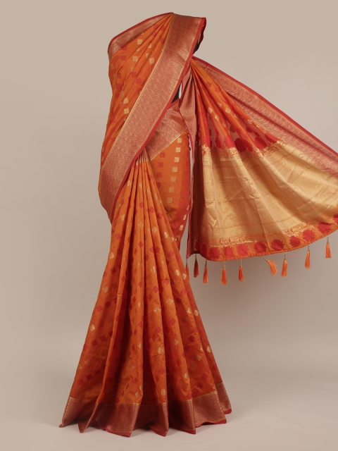 Pothys Orange & Gold-Toned Jute Silk Woven Design Saree
