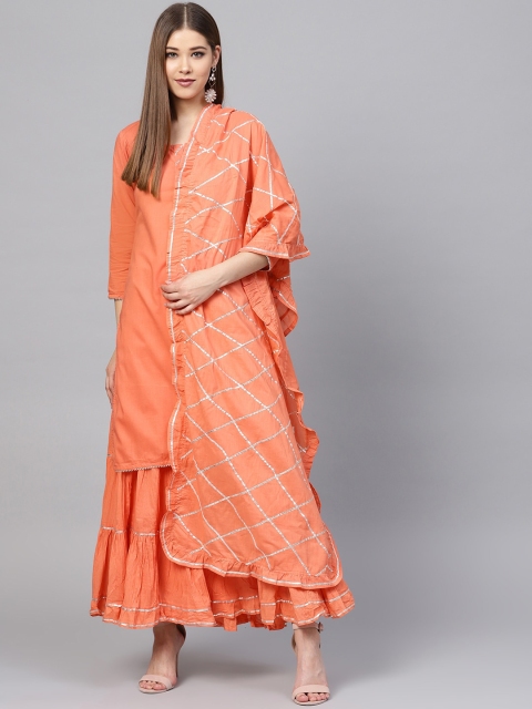 Ishin Women Peach-Coloured & Silver-Toned Solid Kurta with Sharara & Dupatta