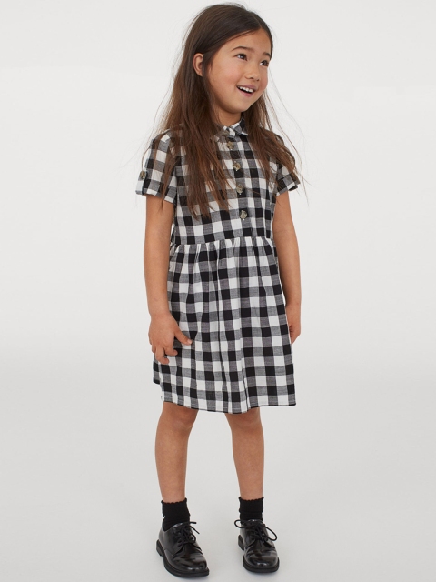 H&M Girls Black & White Cotton Checked Utility Dress