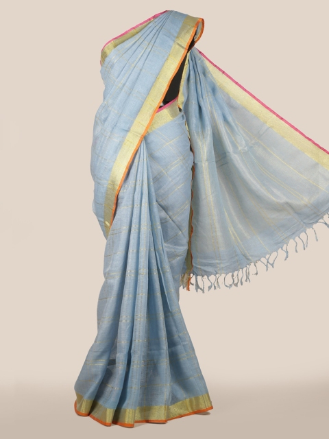 Pothys Blue & Gold-Toned Linen Blend Checked Saree