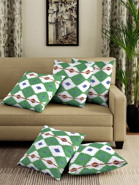 NEUDIS White & Green Set of 5 Floral Square Cushion Covers