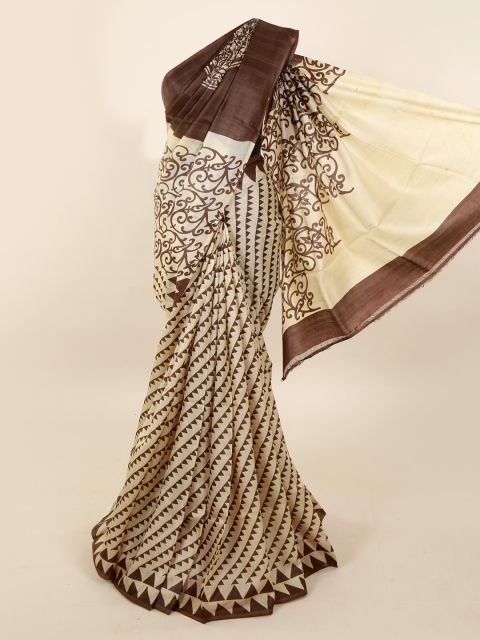 Pothys Cream-Coloured & Brown Pure Silk Printed Saree