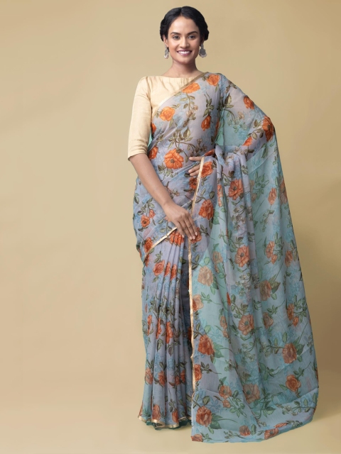 Unnati Silks Grey & Orange Pure Chiffon Printed Saree