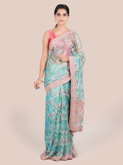 Pothys Blue Embroidered Pure Georgette Saree