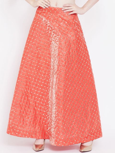studio rasa Women Coral Red & Gold-Coloured Embellished A-Line Maxi Skirt