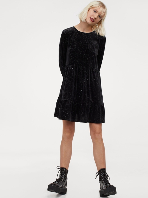 H&M Women Black Tie-detail velour dress