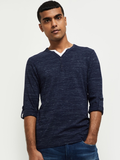 max Men Navy Blue Self Design Henley Neck T-shirt