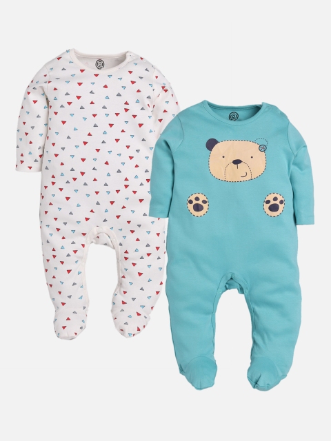 TAMBOURINE Infant Boys Pack Of 2 Turquoise Blue & White Printed Sleepsuits