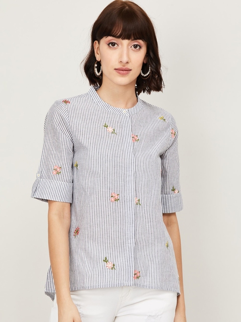 Colour Me by Melange Women Off White & Blue Striped Mandarin Collar Cotton Top