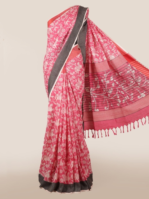 Pothys Pink Printed Linen Blend Saree