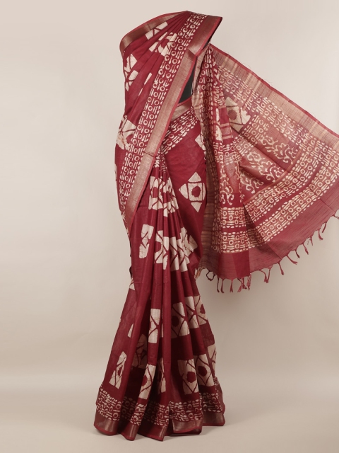 Pothys Maroon & Off-White Linen Blend Printed Saree