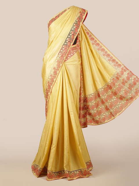 Pothys Cream-Coloured Solid Art Silk Saree