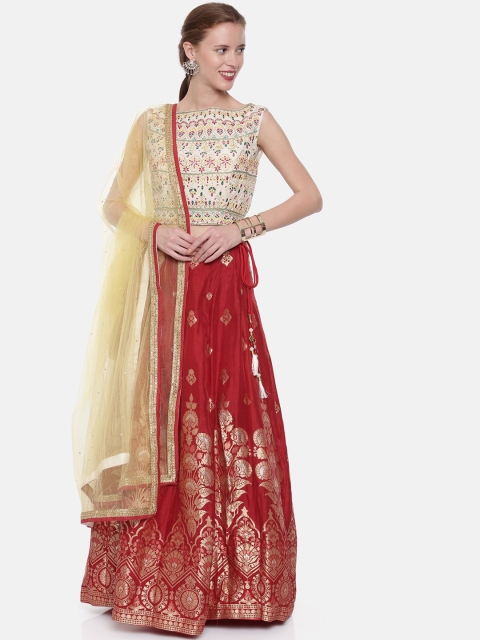Neerus Cream-Coloured & Maroon Embroidered Ready to Wear Lehenga & Blouse with Dupatta
Neerus Cream-Coloured & Maroon Embroidered Ready to Wear Lehenga & Blouse with Dupatta