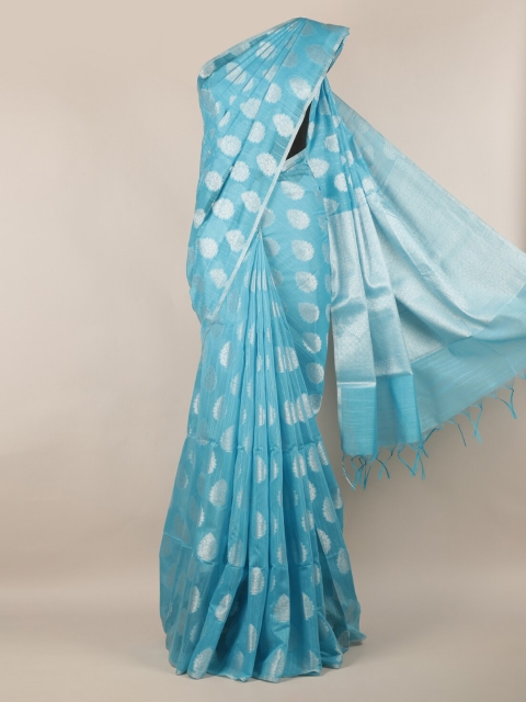 Pothys Blue & Silver-Toned Cotton Blend Woven Design Saree