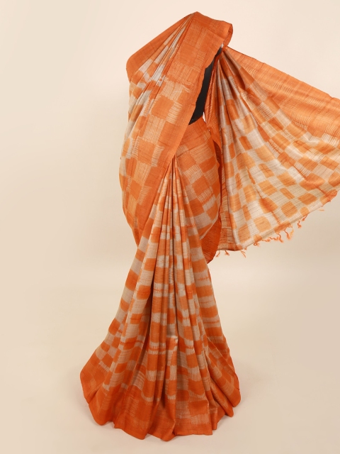 Pothys Orange Checked Pure Silk Saree