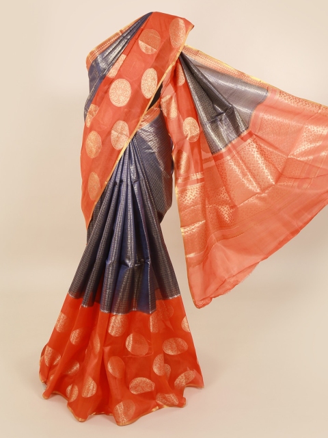 Pothys Navy Blue & Orange Pure Silk Woven Design Saree