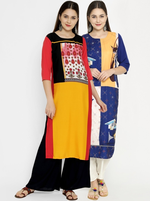 7Threads Pack Of 2 Multicoloured Floral Colourblocked Crepe Kurta, Multi