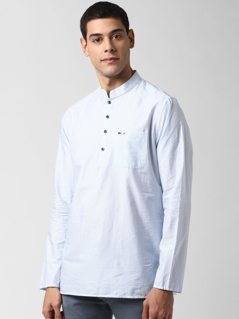 Peter England Men White & Blue Striped Short Kurta
