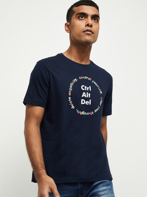 max Men Blue Printed Round Neck Cotton T-shirt