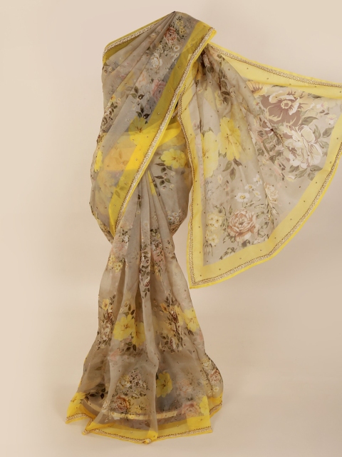 Pothys Grey & Yellow Pure Silk Printed Saree