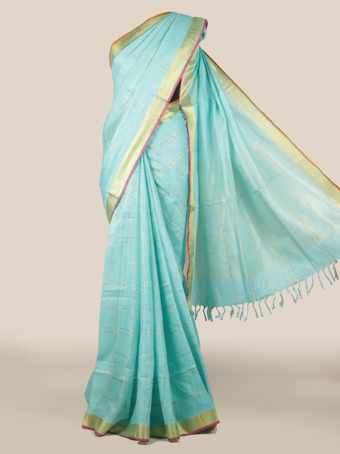 Pothys Blue & Gold-Coloured Linen Blend Solid Saree