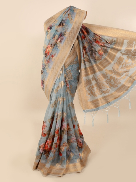 Pothys Grey Floral Printed Pure Silk Saree