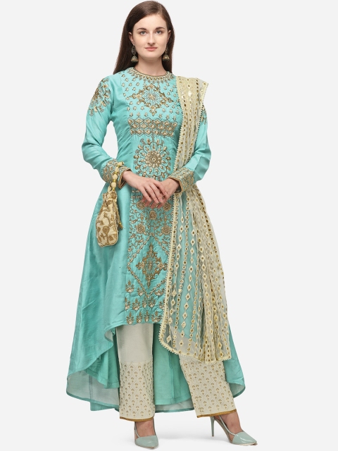 NAKKASHI Turquoise Blue & Off-White Art Silk Semi-Stitched Dress Material