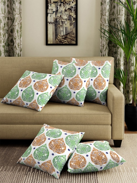 NEUDIS White & Green Set of 5 Ethnic Motifs Square Cushion Covers