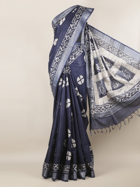 Pothys Navy Blue & Beige Linen Blend Printed Saree