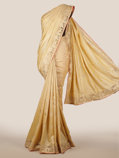 Pothys Cream-Coloured Solid Art Silk Saree