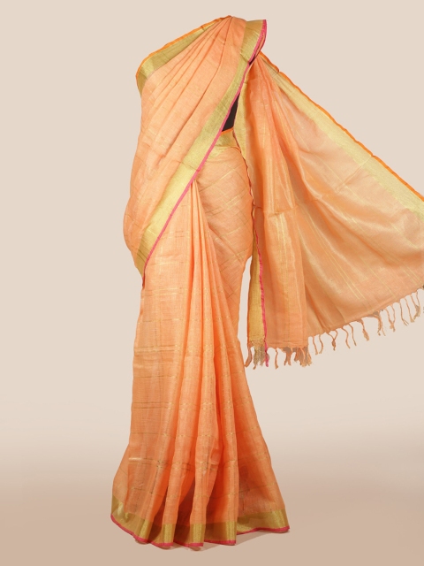 Pothys Peach-Coloured & Gold-Toned Linen Blend Checked Saree